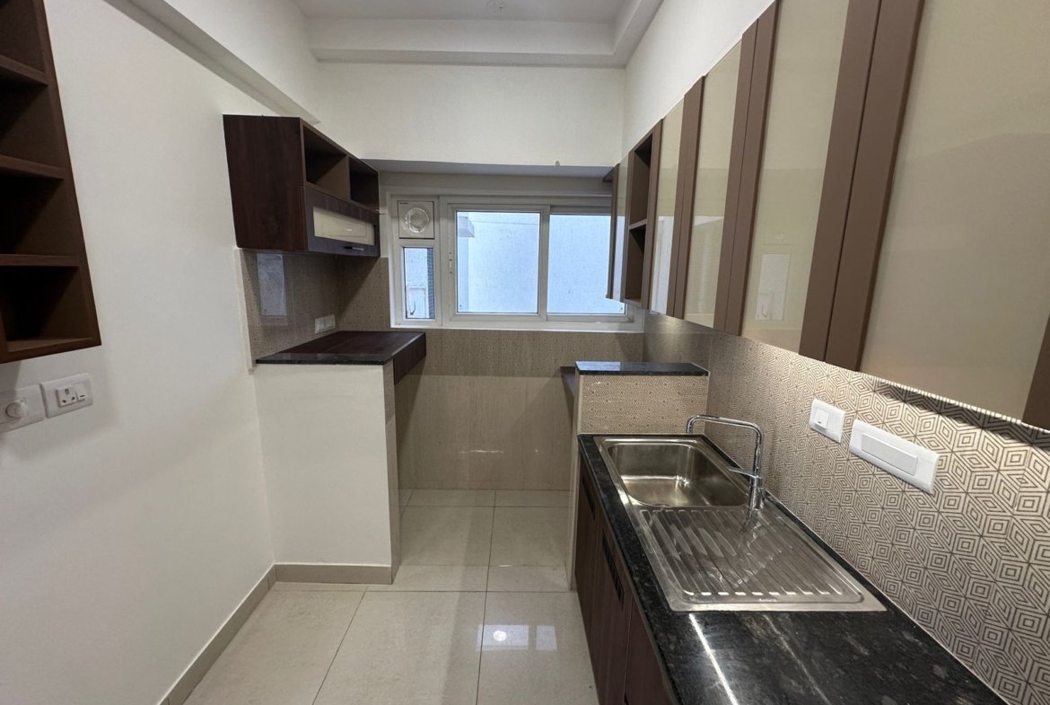 Modular kitchen in semi furnished 3BHK flat at Prestige Elysian
