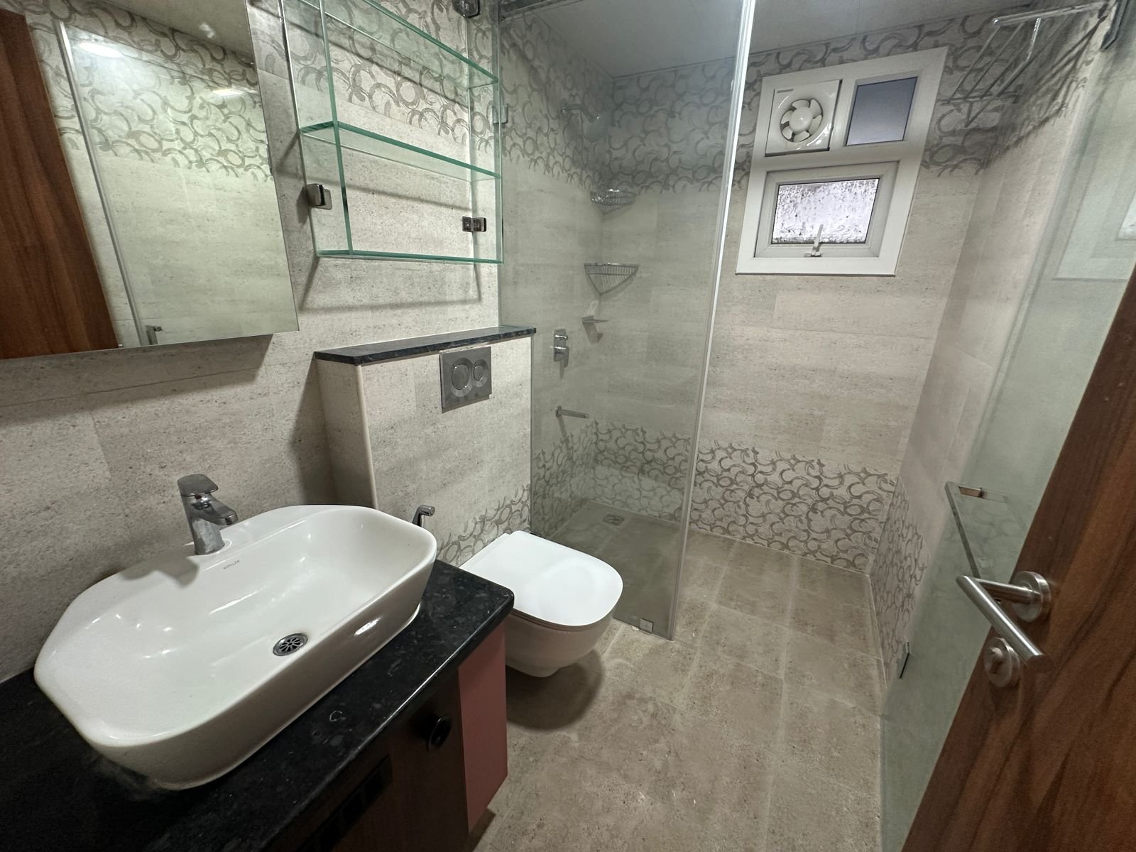 Modern washroom in 3BHK flat for rent at Prestige Elysian