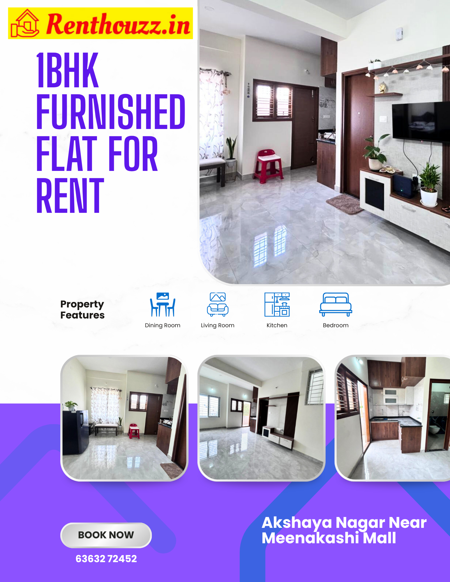 Brand new 1BHK furnished flat for rent near Star Bazar in Akshaya Nagar Bangalore with modern interiors