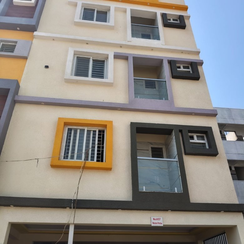 Front elevation of a newly constructed G+4 rental income building with modern design, parking space, and multiple 2BHK units located in Hongasandra near MICO Layout in Bangalore.