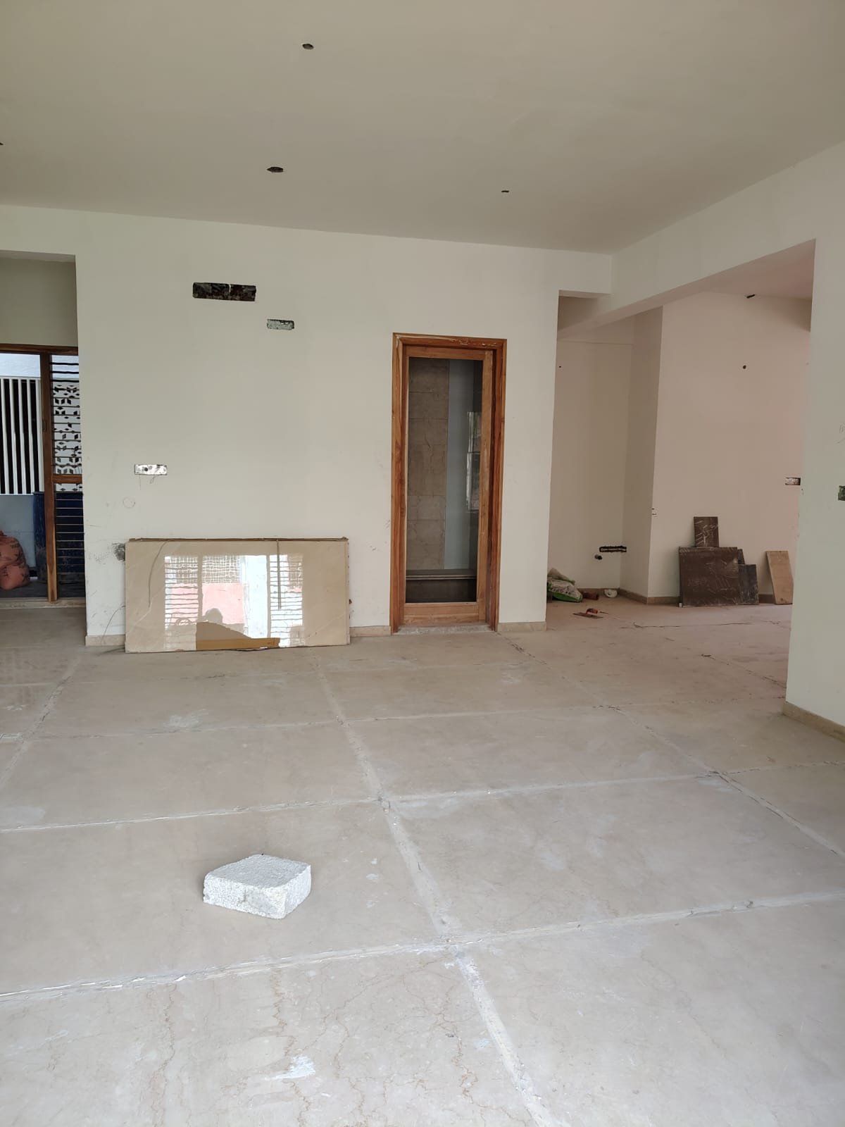 Spacious living room interior of 3BHK flat with balcony and natural light